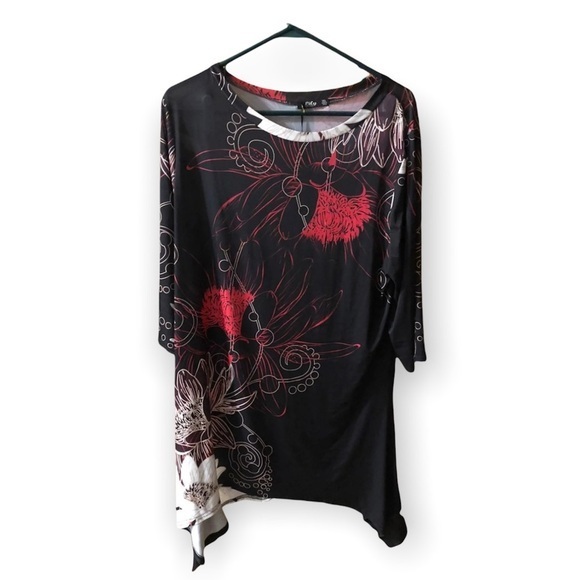 Lily By Firmiana‎ Shirt Women’s Plus Size 2XL 3/4 Sleeve Pull Over Top Black Red - Picture 1 of 10